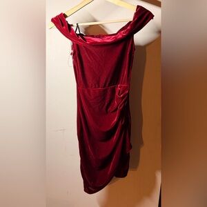 Fashion Nova Off‑Shoulder Red Velvet Holiday Dress